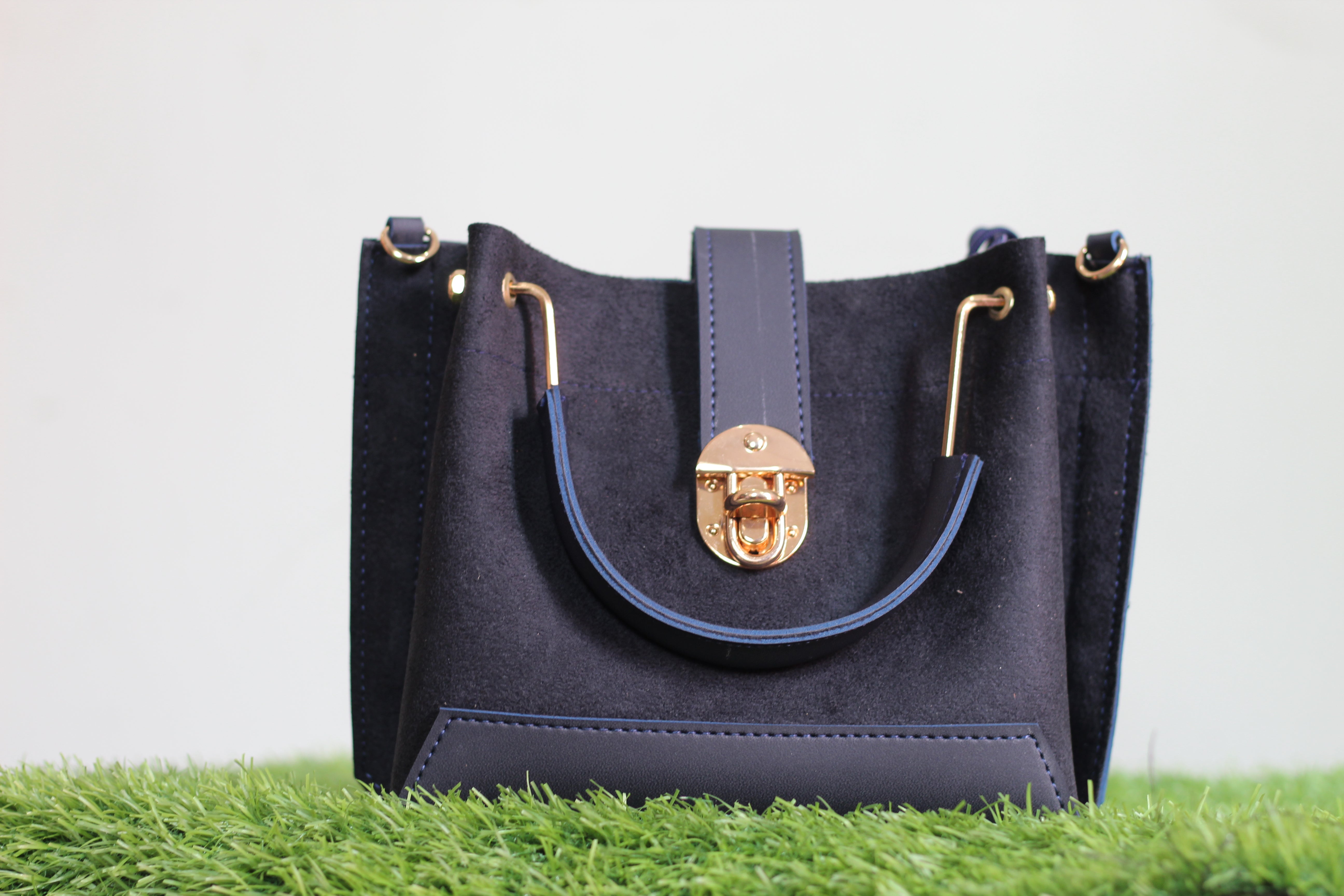Elegant Dark Blue Suede Handbag